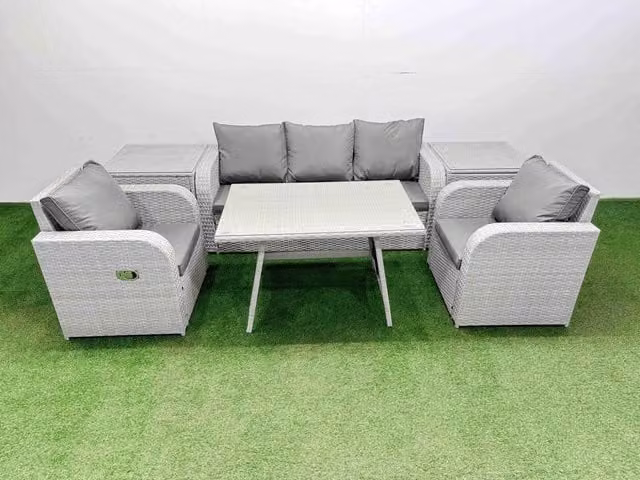 Fimous 3 Seat Reclining Sofa Garden Furniture Set with 2 Side Tables in Light Grey