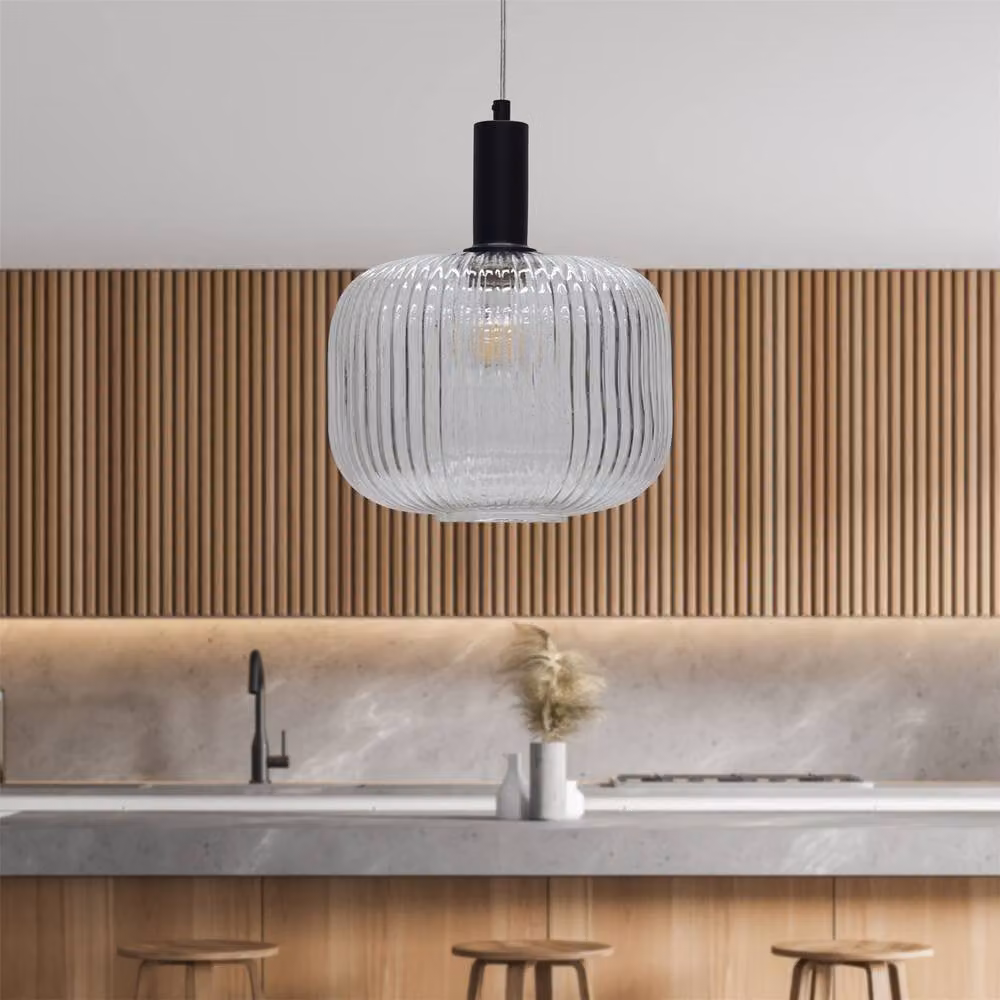 First Choice Lighting Batley Large Set of 2 Black Deco Pendant Fittings with Clear Ribbed Glass, Height: 116.5 cm, Width: 25.5 cm, Depth: 25.5 cm – 2