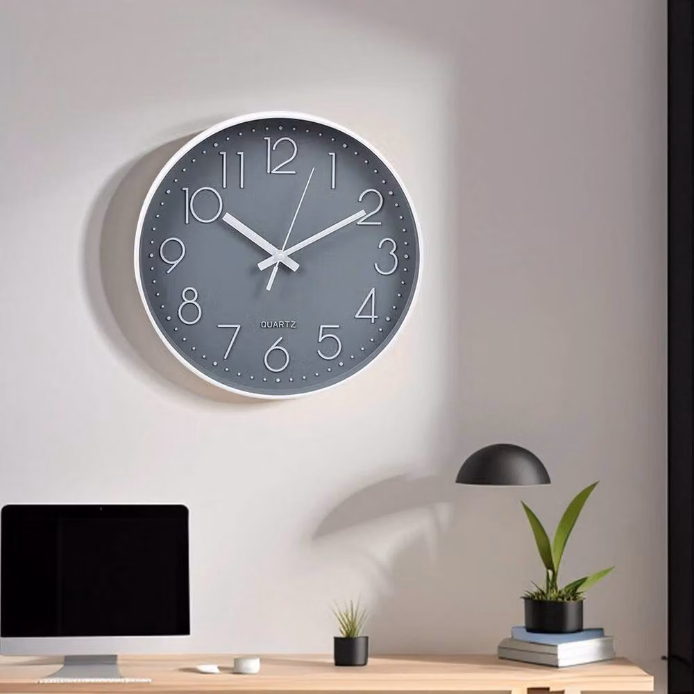 KORVIXA Modern Silent Analog Round Wall Clock in Grey, W/D/H: 100 x 100 x 1 cm – 4
