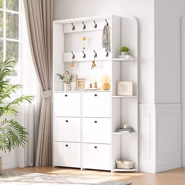 Merax White Hall Tree Coat Rack with 6 Flip Drawer Shoe Cabinet, W/D/H: 120 x 24 x 200 cm
