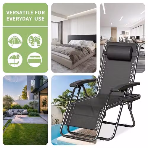 MCC Direct Set of 2 Zero Gravity Reclining Sun Loungers in Black Textilene with Powder Coated Steel Frame – 7