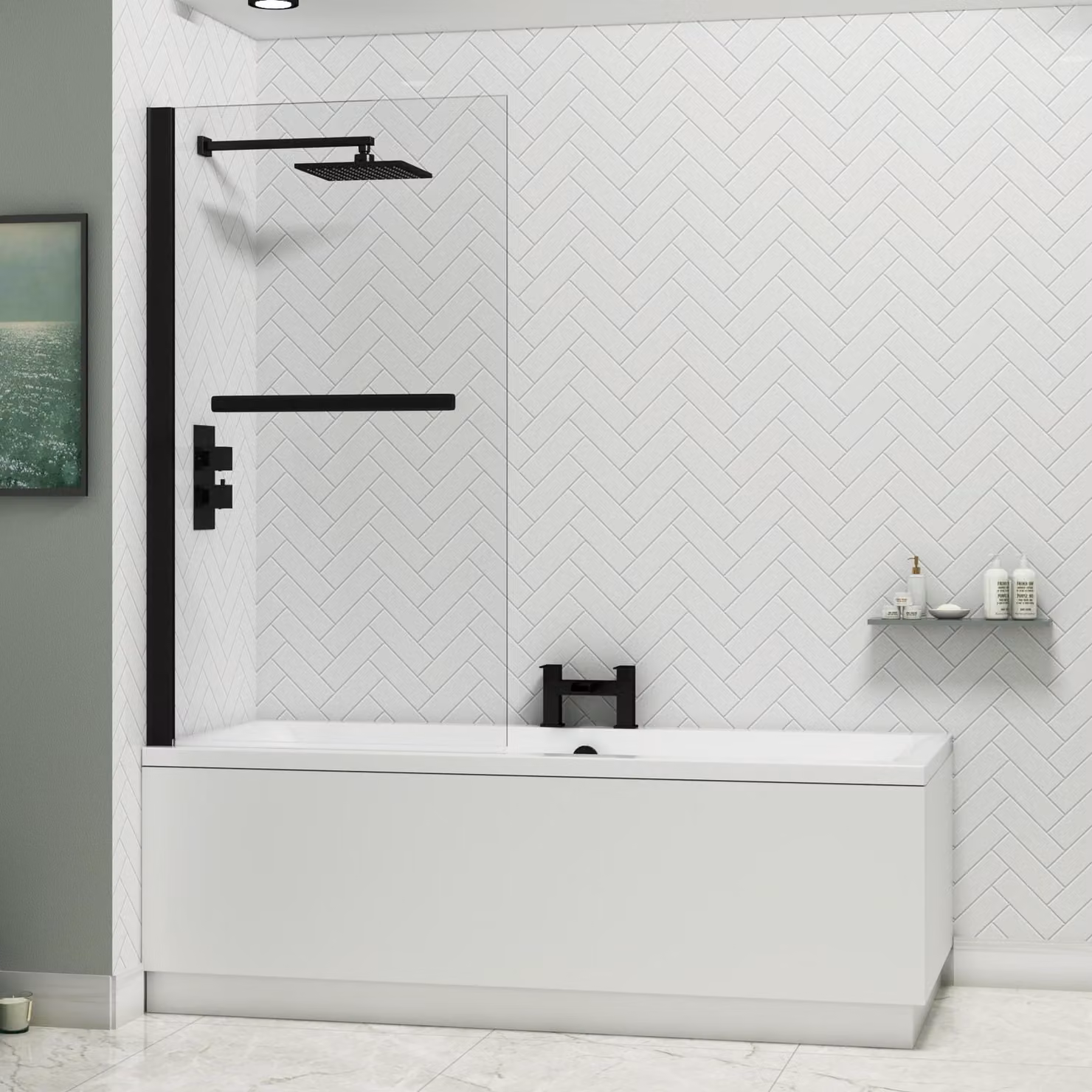 Amaze Square Double-Ended Acrylic Bath Tub in White with Black Wall Profile Bath Screen and Rail