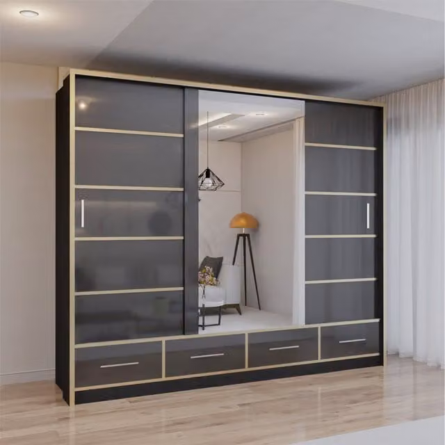 Sliding Wardrobes 4 u High Gloss Sliding Wardrobe with LED Lighting, Mirror and Internal Drawers, Black, W: 255 cm, H: 220 cm, D: 66 cm