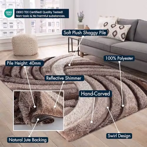 Desire Rugs Modern Soft Swirl Shimmer Shaggy Hallway Runner Rug in Bronze, W/D/H: 60 x 220 cm – 6