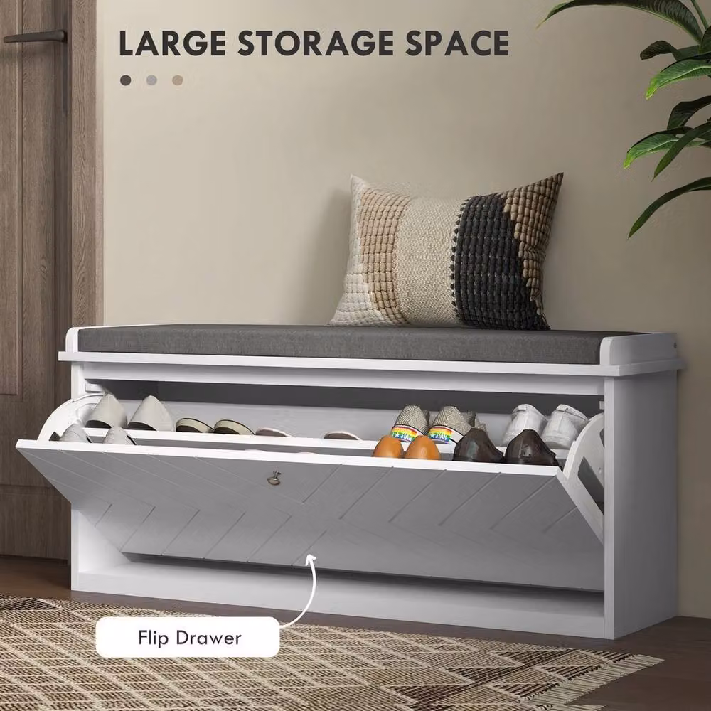 FORGEVIO Shoe Bench with Flip Drawer and Fabric Cushion in White – 3