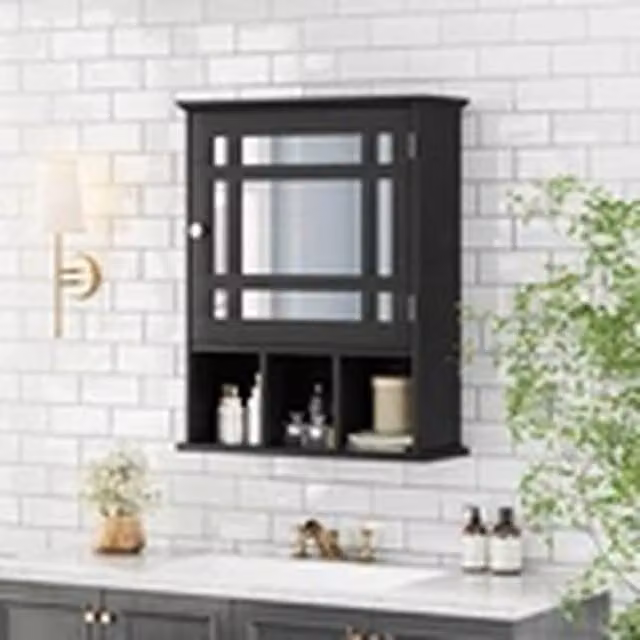 EONLION Wall-Mounted Black Bathroom Storage Cabinet with Mirror Doors and Internal Shelves, W/D/H: 60.0 x 10.0 x 48.0 cm