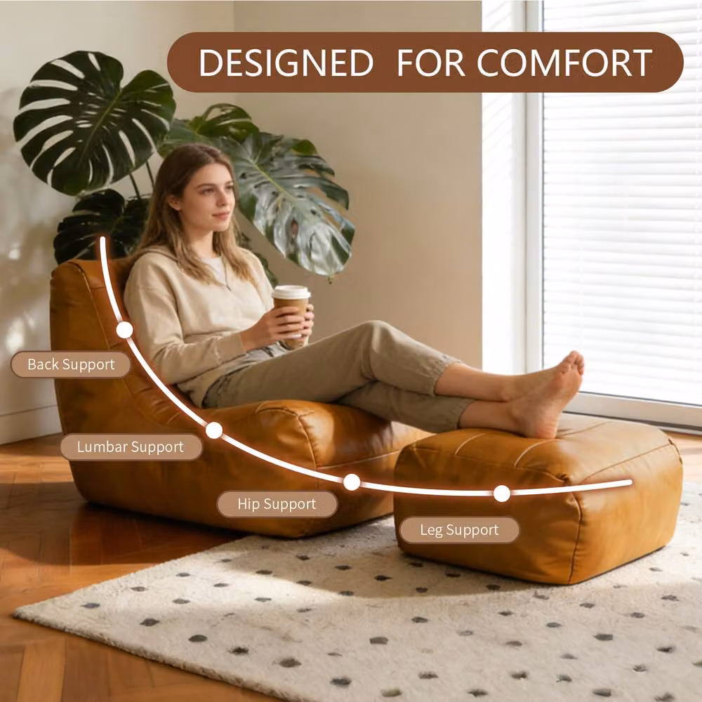 Matteo Brown Faux Leather Lazy Lounge Sofa Set with Matching Ottoman – 3