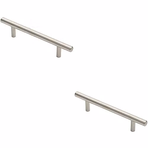 2 Pack Brushed Stainless Steel Round T-Bar Pull Handles in Silver, 146 x 10 mm with 96 mm Fixing Centres