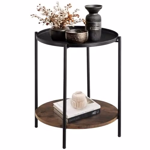 tectake Round Side Table with 2 Shelves and Metal Frame in Black and Brown, Ø 45.5 x H 54.5 cm