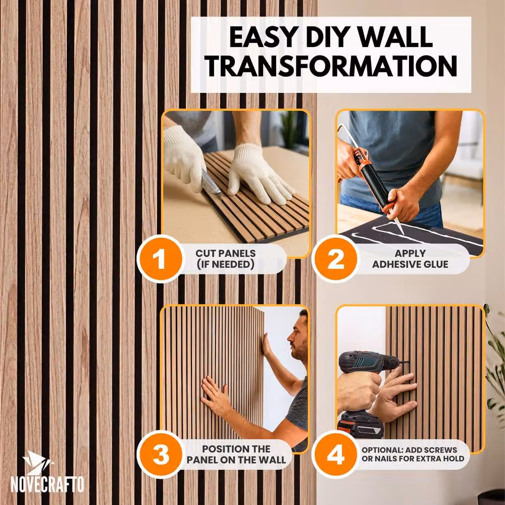 Novecrafto Wooden Acoustic Wall Panels with Felt Backing, Sound Absorbing MDF Wall Cladding, W: 120 cm, H: 60 cm – 6
