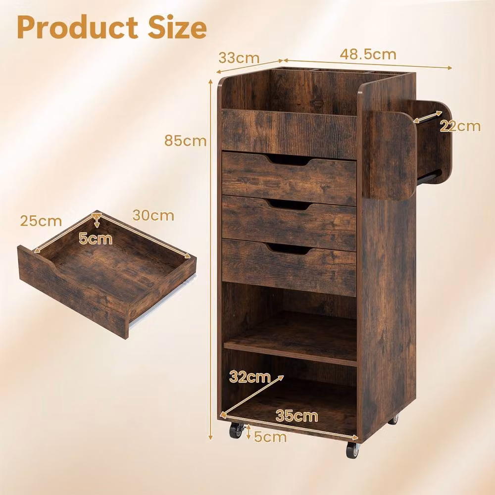 VOGREX Brown Rolling Storage Cart with 3 Drawers and 2 Dowel Rods – 2