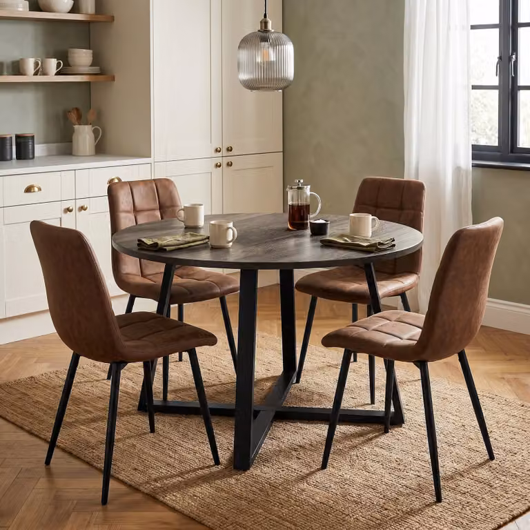 DHS Kyvon Round Dining Table Set with 4 Chairs in Brown and Black with Dark Wood Effect and Suede Leather, Diameter: 110 cm, Height: 75 cm