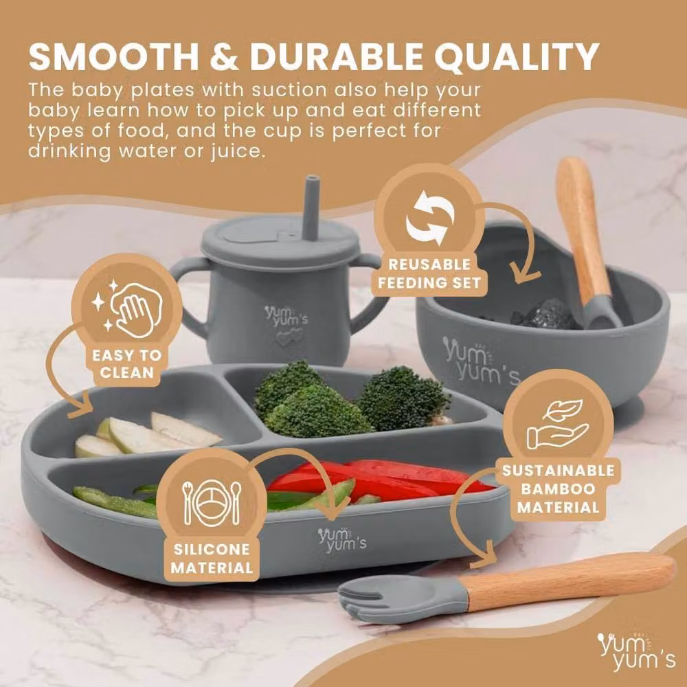 Yum Yums 10-Piece Reusable Silicone Baby Weaning Feeding Set in Grey – 2
