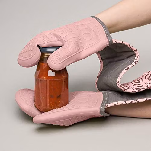 Zeal Silicone Double Oven Gloves in Rose Pink, Waterproof and Steam-Resistant with Non-Slip Grip – 4