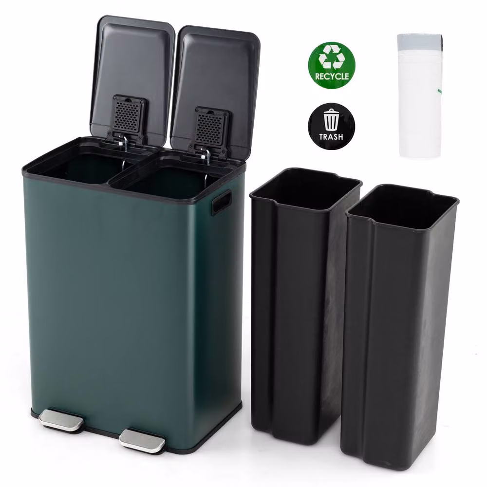 Costway 60L Dual Compartment Pedal Trash Bin with Soft Close and Fingerprint Proof Stainless Steel in Green – 3