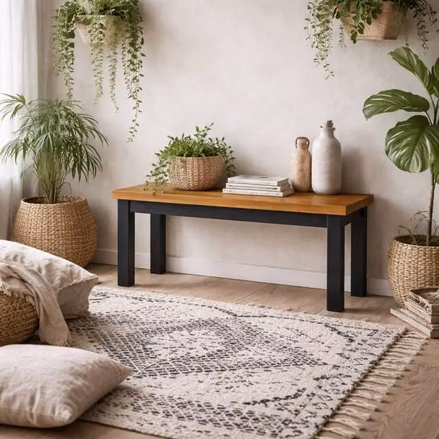 Wyld Haus Dundalk Natural Oiled Oak Wood Bench with Black Metal Frame