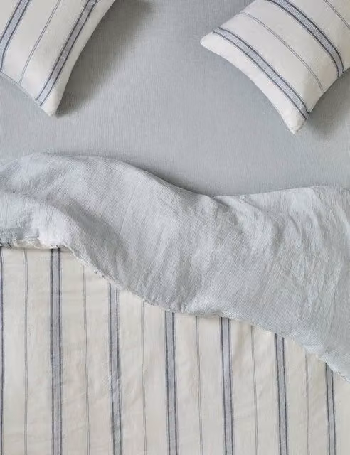 Piglet In Bed Pure Linen Farmhouse Stripe Fitted Sheet, Blue and White, 180 x 200 cm