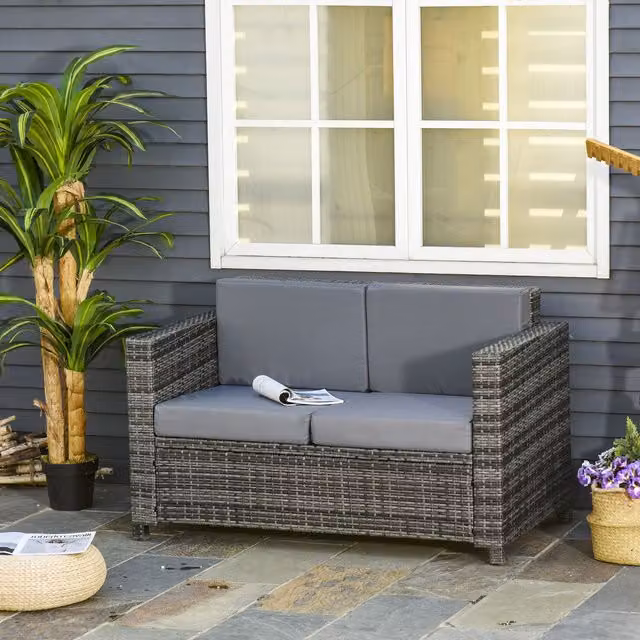 OUTSUNNY Grey Rattan Wicker 2-Seat Garden Sofa Loveseat with Upholstered Cushions and Powder Coated Steel Frame – 1