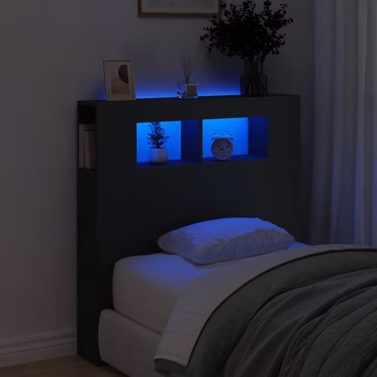 Berkfield Home LED Headboard in Black with Integrated Lighting and Bedside Shelf, W/D/H: 100 x 18.5 x 103.5 cm