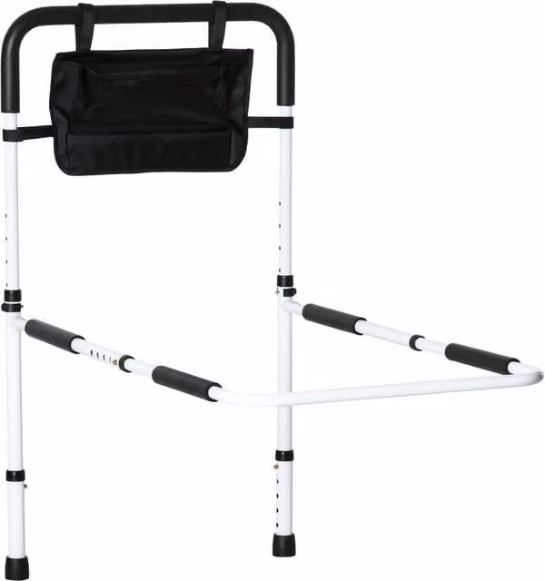HOMCOM Height Adjustable Safety Bed Rail with Storage Pocket and Grab Bar for Seniors, White