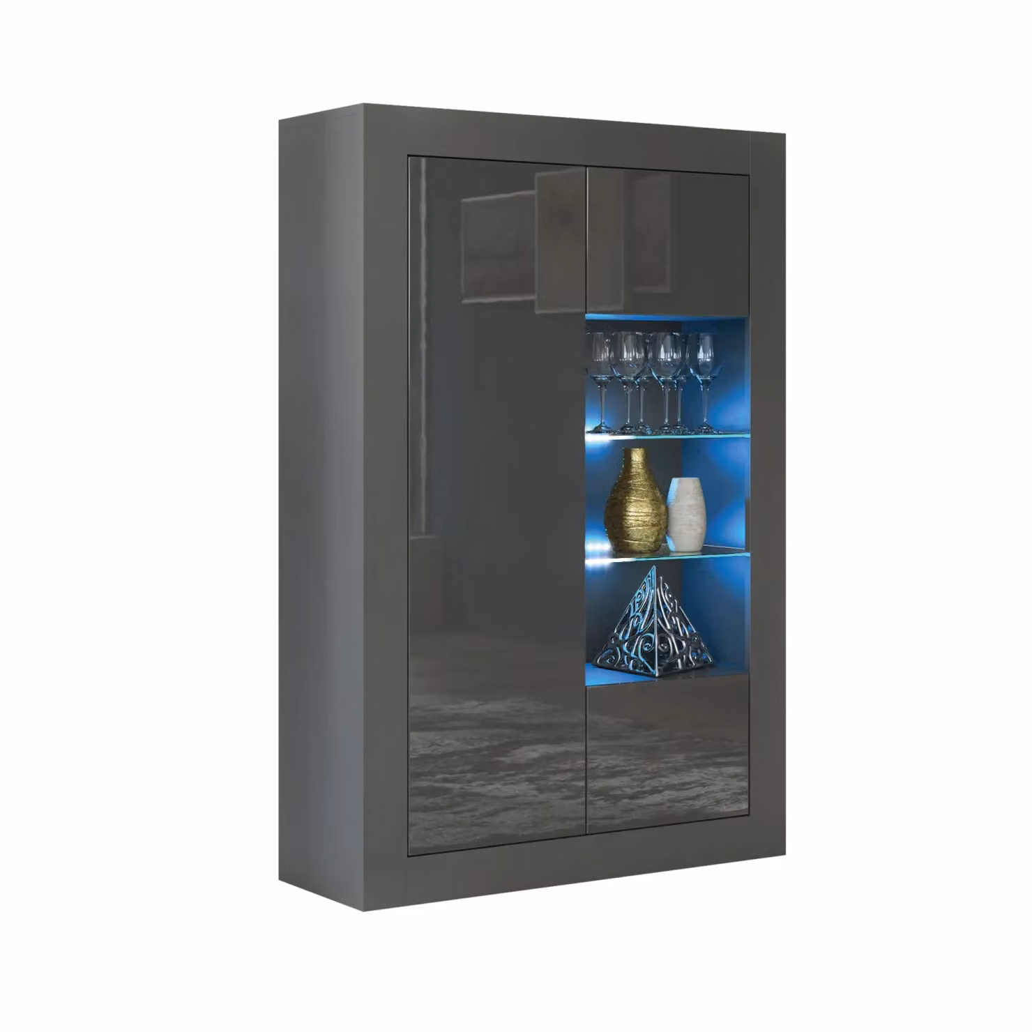 Creative Furniture Arcadia Modern Glossy Grey Display Cabinet with Glass Doors and Integrated Lighting W: 140 cm, H: 93 cm, D: 35 cm – 3