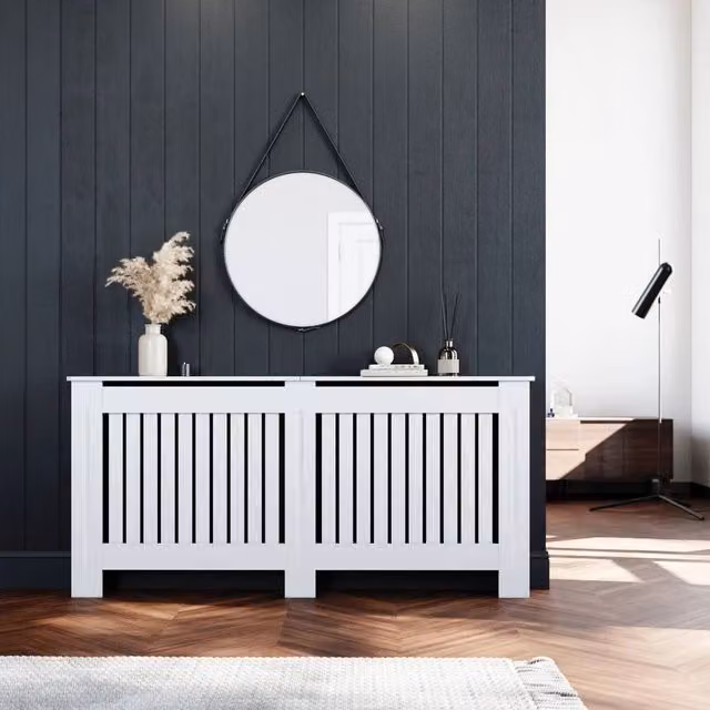 ERGOVEXA XLarge MDF Wood Vertical Heater Cover Cabinet with Grill Shelf in White – 1