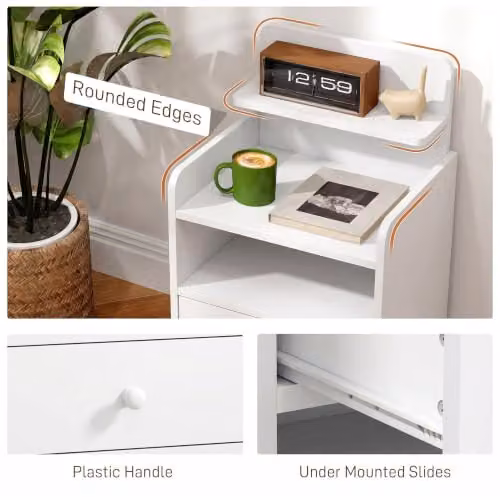 HOMCOM White Bedside Cabinet with Drawer and Shelf for Bedroom or Living Room – 4