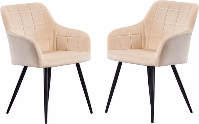 Life Interiors Set of 2 Camden Modern Velvet Dining Chairs with Armrests and Black Metal Legs in Cream