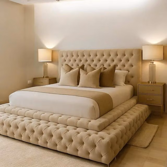 HOB Furniture Royal Emporium King Size Upholstered Velvet Bed in Cream