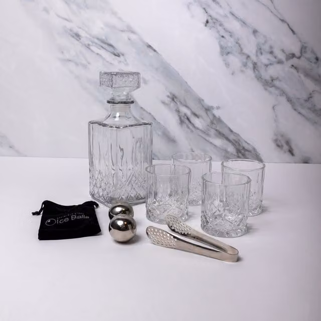 Barcraft 8-Piece Whisky Decanter Set with 4 Glasses, Ice Balls, Tongs and Storage Bag, Clear