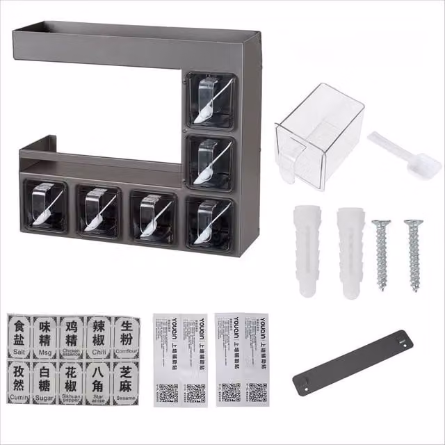 Pawnora Wall Seasoning Spice Box in Grey with 3 Tiers and 6 Jars