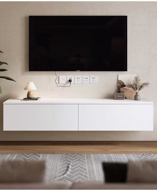 H&O Direct Matte Wall Mounted Floating TV Stand with 2 Flip Drawers in White