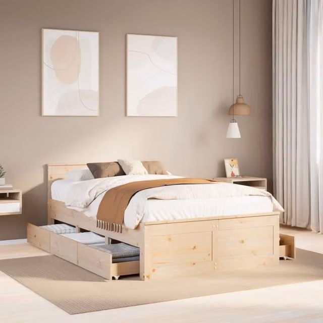 Berkfield Home Double Bed Frame with Headboard in Brown Solid Pine Wood, W: 135 cm, L: 190 cm – 1