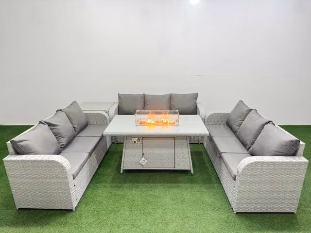 Fimous 9 Seater PE Rattan Outdoor Garden Furniture Set with Firepit Dining Table and 3 Seater Sofa in Light Grey