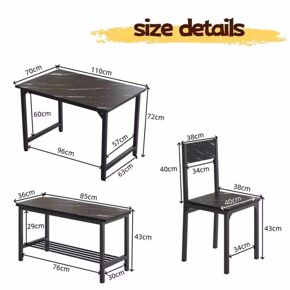 VOGREX 4-Piece Modern Black MDF and Metal Dining Set with Rectangular Table, Bench and Chairs – 2