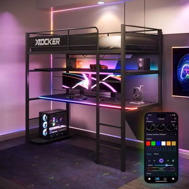 X Rocker Battlebunk RGB LED Single High Sleeper Gaming Bunk Bed with Desk in Black, W/D/H: 90 x 200 x 182.9 cm – 1