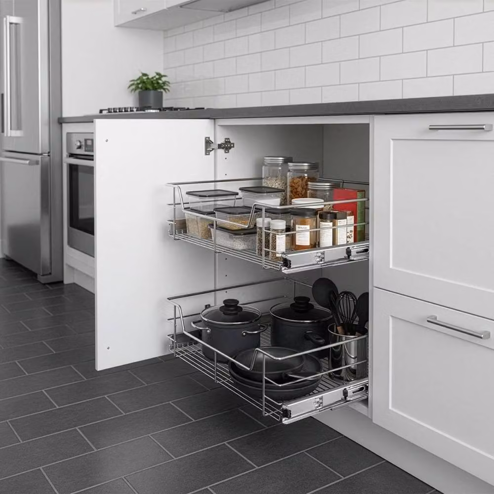 VOGREX Silver Metal Pull-Out Telescopic Kitchen Basket Drawer, W: 40.0 cm, D: 80.0 cm, H: 14.0 cm – 3