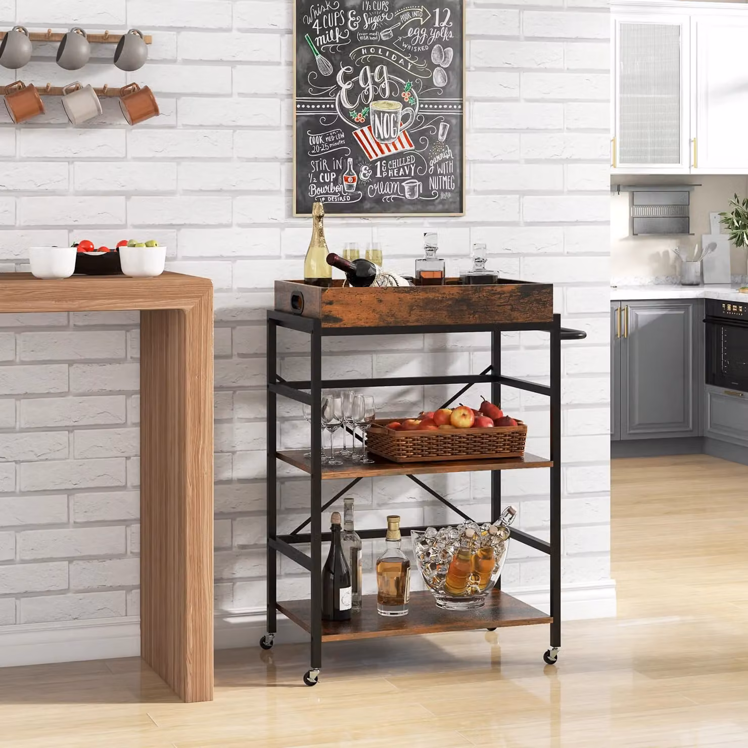 Gymax 3-Tier Industrial Metal Bar and Kitchen Serving Cart with Detachable Tray in Brown – 3