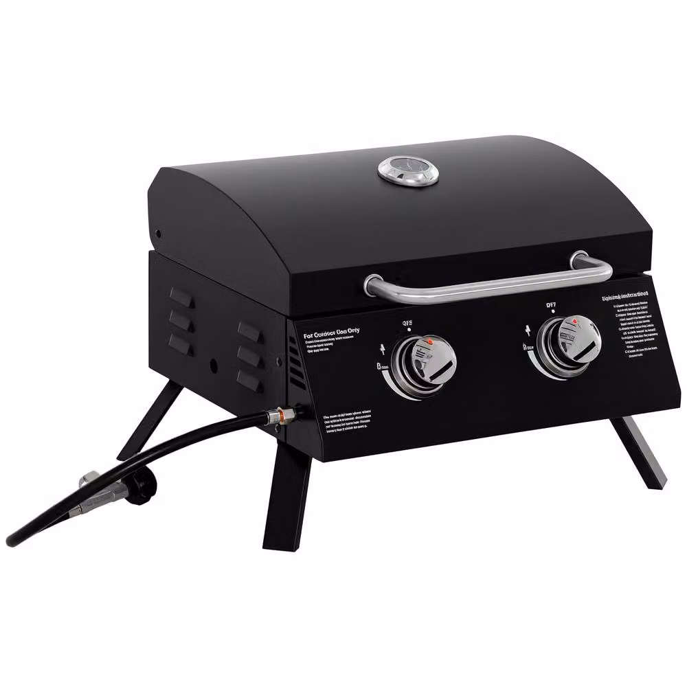 Outsunny Portable Tabletop 2 Burner Gas BBQ Grill with Thermometer, 5.8 kW, Black, W/D/H: 55.0 x 41.0 x 46.5 cm – 2
