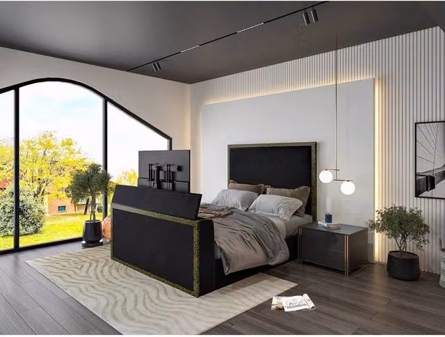KDMD Madrid Black Velvet Upholstered Electric Media TV Bed Frame with Drawers, W/D/H: 120 x 200 cm, Small Double