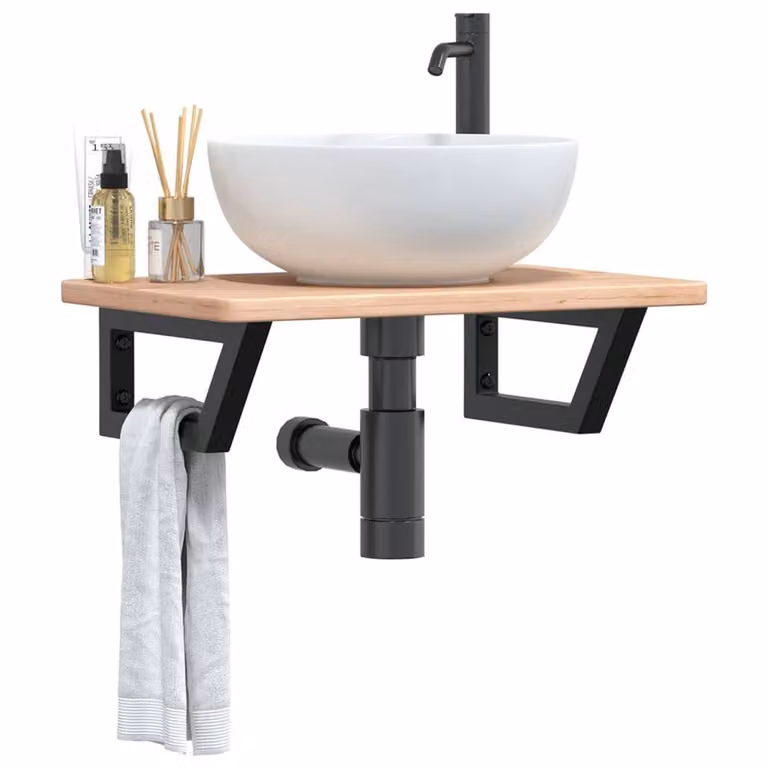 Berkfield Home Elegant Wall Mounted Basin Shelf in Brown Oak and Black Steel, W/D/H: 60.0 x 40.0 x 17.5 cm