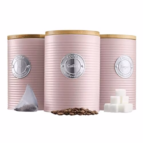 Cooks Professional 3 Piece Ribbed Stainless Steel Tea, Coffee and Sugar Canister Set with Airtight Bamboo Lids in Pink and Silver – 1