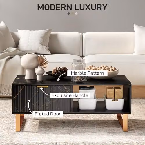 HOMCOM Modern Black and Gold Rectangular Coffee Table with Metal Frame – 4
