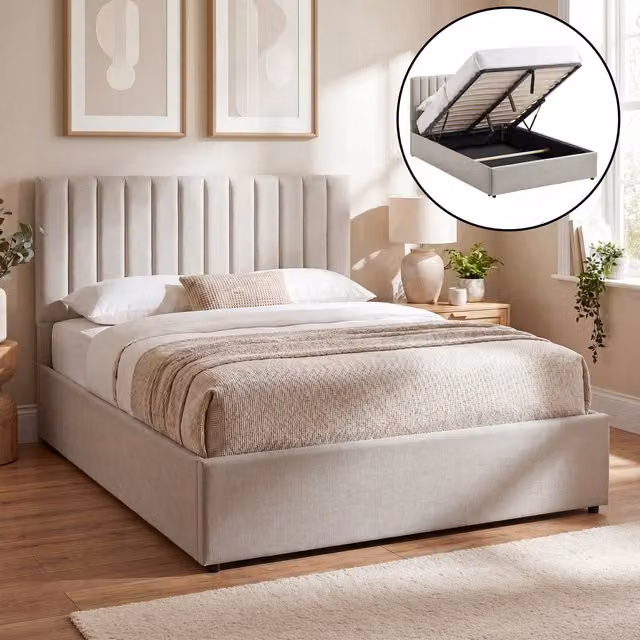 Vida Designs Vellaro Ottoman Fabric Bed Frame in Beige, W/D/H: 180 x 200 cm