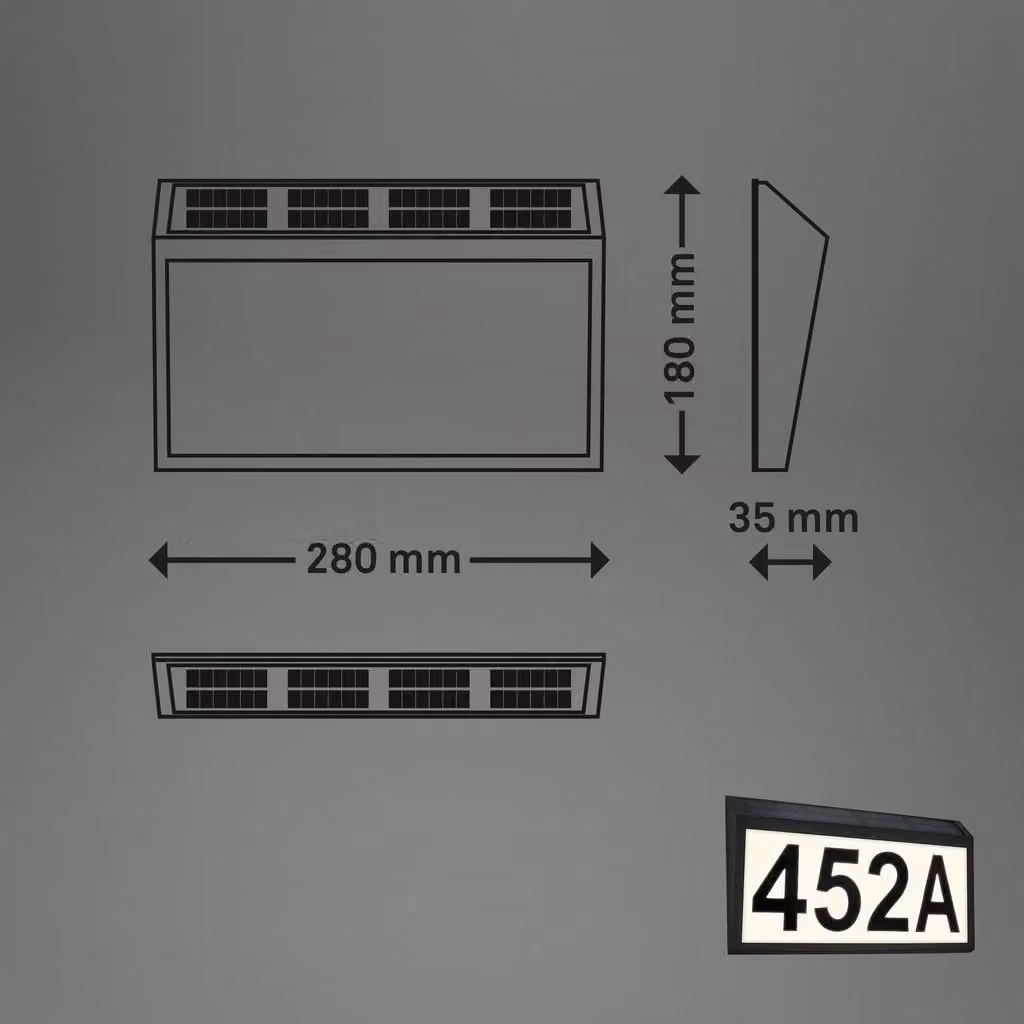 Briloner Solar House Number Outdoor LED Light with Dusk Sensor, IP44, Warm White, Black, W: 28 cm, H: 18 cm, D: 3.5 cm – 7