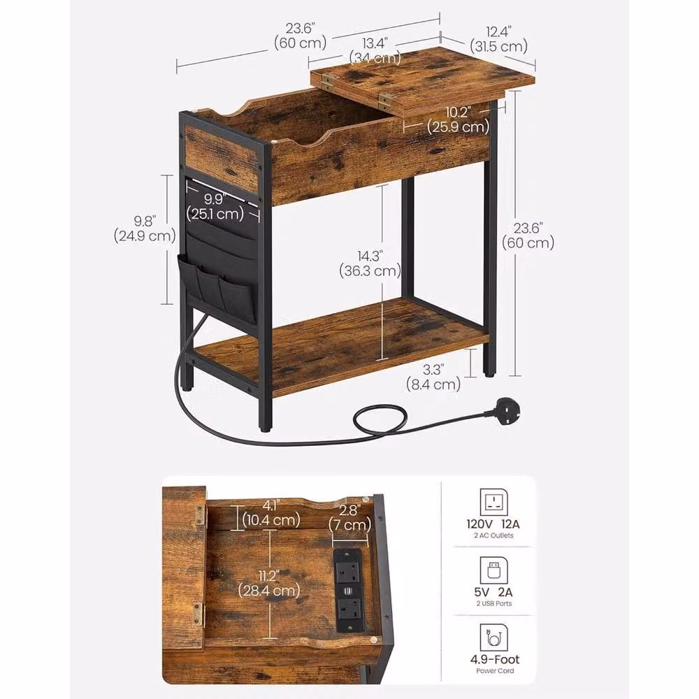 FORGEVIO Slim Narrow Bedside Side Table with Built-In Charging Station in Brown Wood Finish – 2