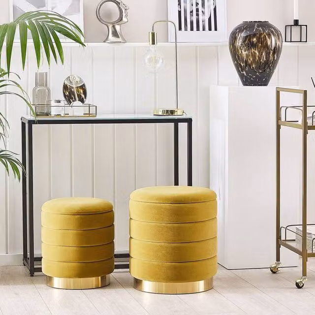 Wyld and Coco Set of 2 Yellow Tufted Velvet Cylindrical Storage Pouffes with Gold Stainless Steel Base – 1