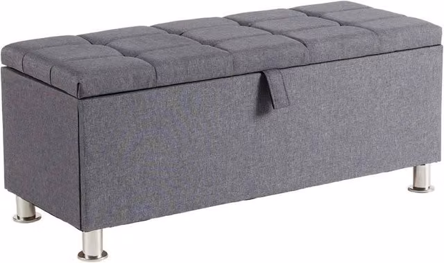 FORGEVIO Dark Grey Fabric Storage Ottoman with Padded Seat, Buttoned Detailing and Metal Legs – 1