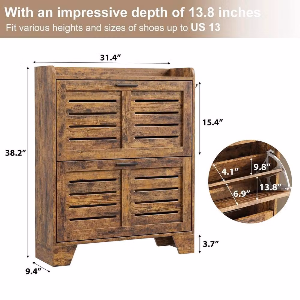 VOGREX Wooden Freestanding Shoe Storage Cabinet with Hinged Doors in Brown – 2