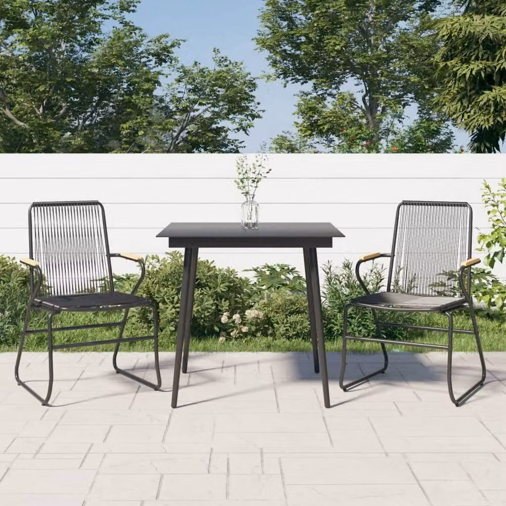 Berkfield Home Beautiful 3 Piece Black PVC Rattan and Teak Wood Garden Dining Set – 2